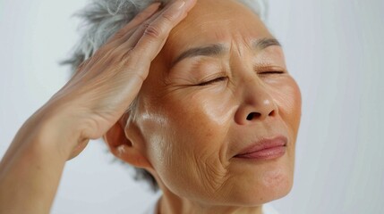 Fototapeta premium A person with closed eyes appearing to be in a state of relaxation or possibly experiencing discomfort with a hand gently resting on their forehead.