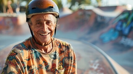 An elderly man with a helmet smiling at the camera standing in a skate park with graffiti-covered...