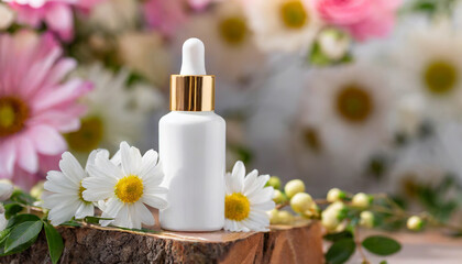 Obraz na płótnie Canvas Mock-up of glass white cosmetic serum bottle on stone stand, blooming flowers. Natural skin care product.