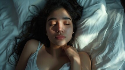 Naklejka premium A young woman with long dark hair peacefully sleeping on her side with her head resting on a white pillow her eyes closed and her hand gently placed on her cheek.