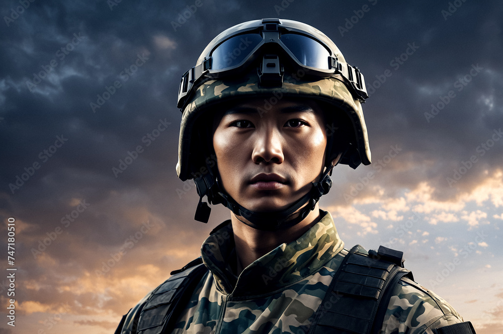 Wall mural Close-up of focused chinese soldier in camo attire with helmet against dusky sky, confident look. Confident asian soldier in camouflage gear. Military war concept. Copy ad text space. Generate Ai