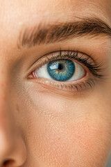 Close-Up of a Woman's Eye with a Mesmerizing Blue Iris, Delicate Freckles, and Perfectly Groomed Eyebrows