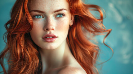 Portrait of a Red-Haired Woman with Freckles, Captivating Green Eyes, and a Gaze Full of Depth Against a Turquoise Background