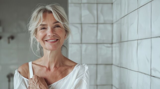 Smiling woman with gray hair wearing white top standing in front of white tiled wall.