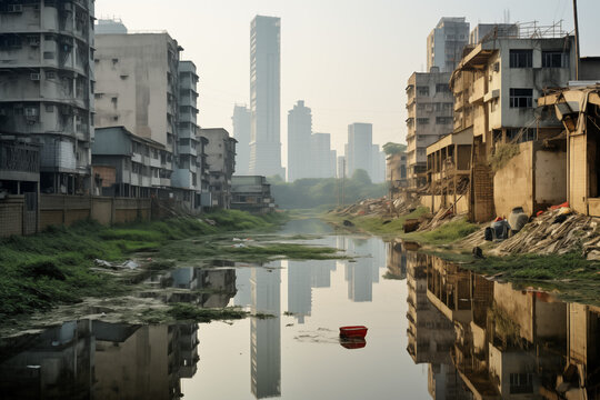 Wohngebiet an einem Fluss mit reicher Skyline im Hintergrund, einfache Häuser in Asien, Asiatische Bauweise