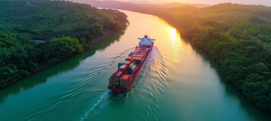 Aerial view of container cargo ship moving through a canal with ample space for text placement - obrazy, fototapety, plakaty