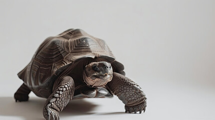 Portrait of a Seychelles tortoise with a strong shell on a gray isolated background - obrazy, fototapety, plakaty