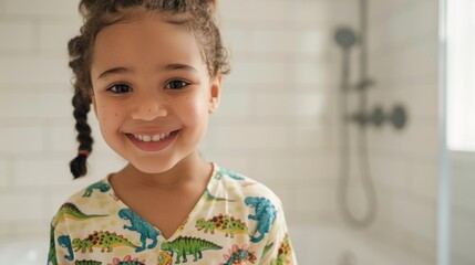 Smiling young girl with braids wearing a dinosaur print shirt standing in a white tiled bathroom.