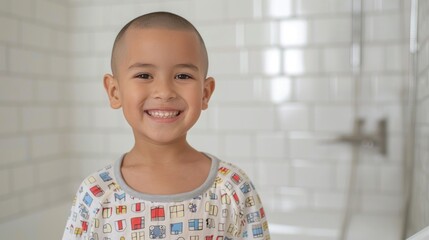 Smiling young boy with short hair wearing a colorful graphic t-shirt standing in a white tiled bathroom.