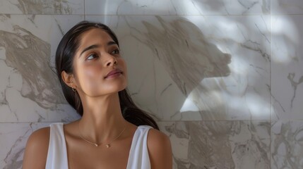 A woman with a thoughtful expression wearing a delicate necklace standing against a marble wall with a subtle shadow of her face cast on it.