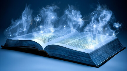 Fototapeta premium an open book surrounded by magical elements like butterflies