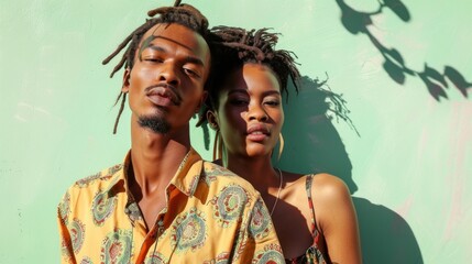 A man and woman posing closely together both with dreadlocks against a green wall with a shadowy design the man wearing a patterned shirt and the woman in a sleeveless top.