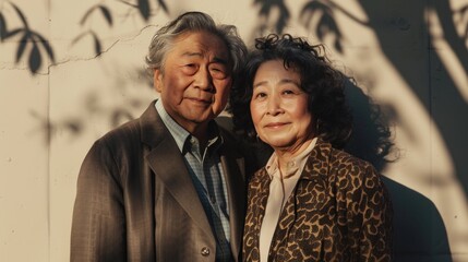 An elderly couple posing for a photo standing close together with the man in a suit and the woman in a leopard print jacket against a textured wall with tree shadows. - Powered by Adobe