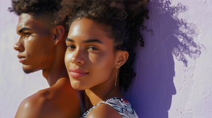 Young couple posing for a portrait with a purple wall as a backdrop capturing a moment of intimacy and style.