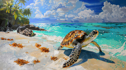 A turtle from the Seychelles is located on the shore of the turquoise ocean.