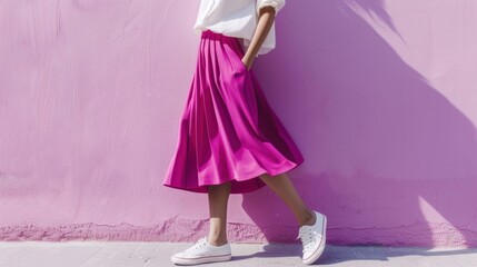 A woman in a pink skirt and white top standing against a pink wall with white sneakers.