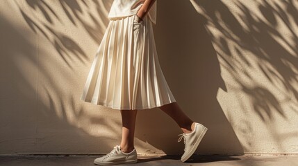 Obraz premium A woman in a white midi skirt and white sneakers standing in a sunny spot with shadows cast by leaves on the wall behind her.