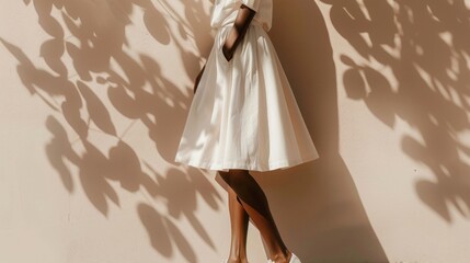 A person in a white dress standing against a wall with leaf shadows.