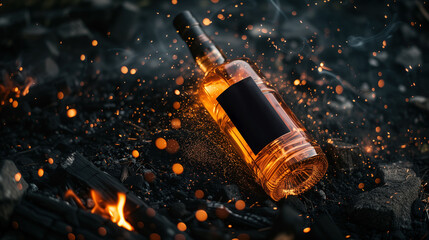 a bottle of whisky on charcoal with fire and flame, blank black label, Generative Ai - obrazy, fototapety, plakaty