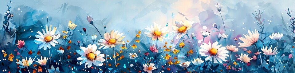 A vector artistic works of a spring and summer backdrop with a watercolors daisy bloom and space, Generative AI. - obrazy, fototapety, plakaty