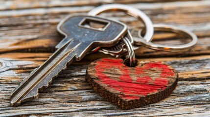 Symbolic representation of heartfelt homeownership  keys with house shaped keyring and red heart