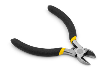 Yellow side cutters on a white background. Side cutting tool.	
