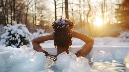 A beautiful African American woman with her eyes closed immersed  in ice bath, surrounded by nature and glowing sunset.