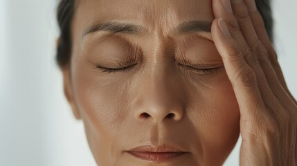 A woman with closed eyes pressing her hands against her temples conveying a sense of stress or discomfort.