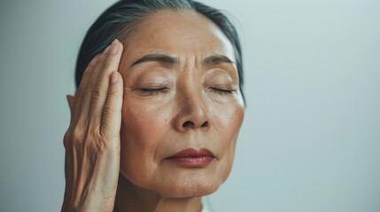 Woman with closed eyes hand on forehead in contemplative pose against soft-focus background.