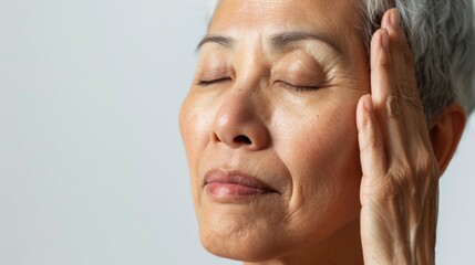 A serene elderly woman with closed eyes resting her hands on her temples conveying a sense of tranquility and inner peace.