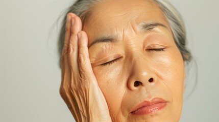 Fototapeta premium A serene elderly woman with closed eyes resting her head on her hand conveying a sense of peace and contemplation.