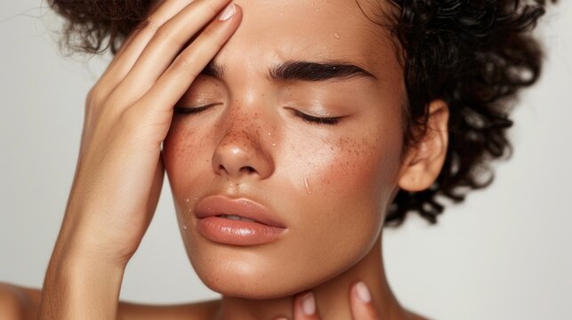 A close-up of a woman with closed eyes her hand resting on her forehead showcasing her freckles and the contours of her face.