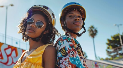 Two young individuals one wearing a yellow dress and sunglasses the other in a colorful patterned shirt both with helmets standing in front of a graffiti-covered wall under a clear blue sky.