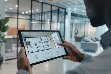 close-up of an interior architect presenting design proposals to clients using digital renderings and interactive floor plans on a tablet device in a sleek office boardroom, photo - obrazy, fototapety, plakaty