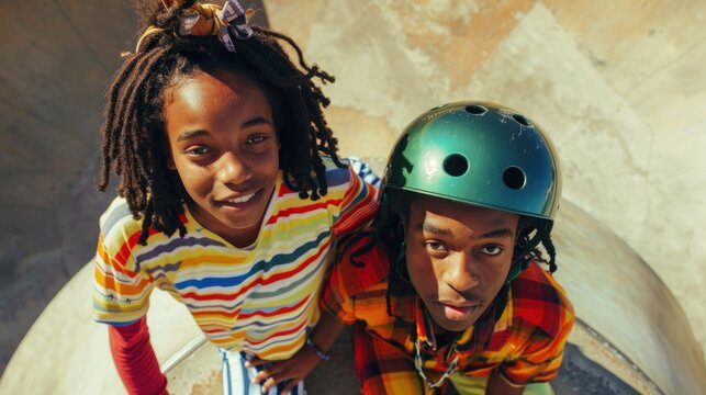 Two young boys with dreadlocks one wearing a colorful striped shirt and the other a plaid shirt posing together with a skateboard ramp in the background.