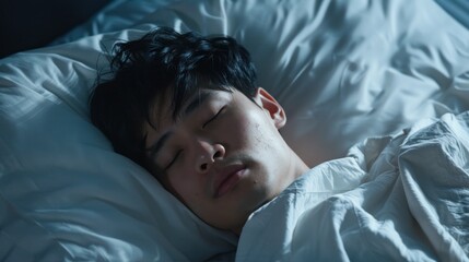 A young man with dark hair peacefully sleeping on a bed with white sheets and pillows.