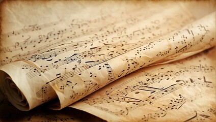 An old parchment of sheet music with notes for classical compositions evokes a sense of history and artistry - obrazy, fototapety, plakaty