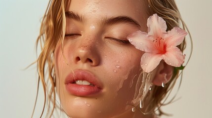 A close-up image of a woman with closed eyes droplets of water on her face and a pink flower resting on her eyelid evoking a sense of tranquility and natural beauty.