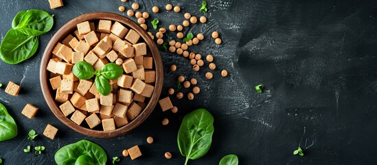 A dish made with ingredients like chickpeas and spinach, placed on a black table. The dish features a mixture of terrestrial plant produce, highlighting the cuisine's use of natural elements. - obrazy, fototapety, plakaty