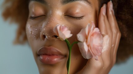 A serene close-up of a person's face with closed eyes a soft pink flower resting on the closed eyelid and a gentle touch of fingers on the cheek evoking a sense of tranquility and beauty. - Powered by Adobe