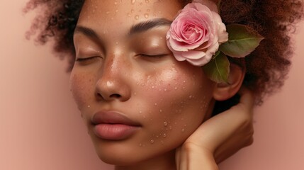 Naklejka premium A woman with closed eyes a rose on her forehead and a soft expression with water droplets on her skin set against a pink background.