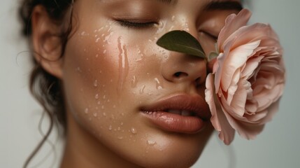 A woman with closed eyes her face adorned with droplets of water and a pink rose petal resting on her nose evoking a sense of tranquility and beauty. - obrazy, fototapety, plakaty