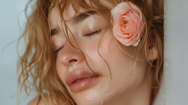 Woman with closed eyes dewy skin and rose petal resting on her eyelid evoking a serene and ethereal beauty.