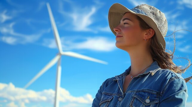A woman in front of wind mill with blue sky backdrop a renewable energy source concept with space for text or product, Generative AI.