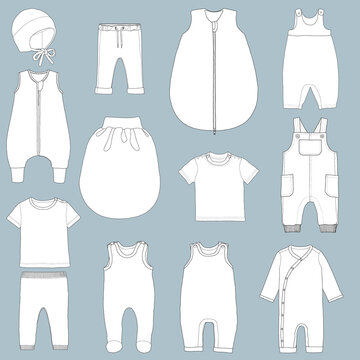 Set Babyw&auml;sche - Handgezeichnete Illustration digitalisiert auf blaugrauem Untergrund