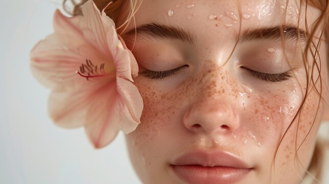 A close-up of a woman's face with closed eyes freckles and a single pink flower resting on her eyelid with water droplets on her cheeks and lips suggesting a fresh dewy complexion.