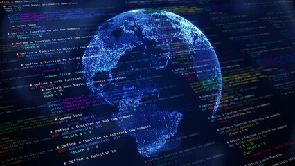 Digital Codes and Global Connectivity: Business Technology on a Blue Globe Map - Powered by Adobe
