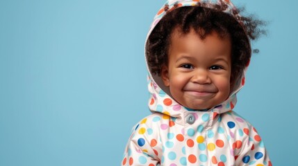 Smiling child with curly hair wearing a colorful polka dot raincoat and hood.
