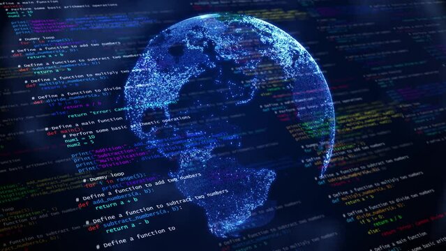 Digital Codes and Global Connectivity: Business Technology on a Blue Globe Map - Powered by Adobe