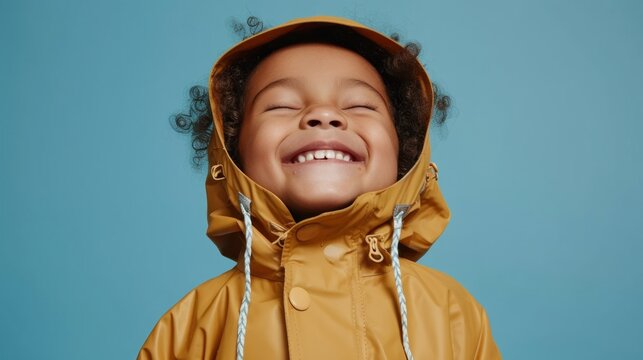 A joyful child with curly hair wearing a yellow raincoat smiling with eyes closed against a blue background.